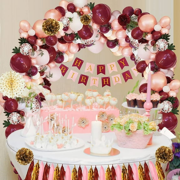 MMTX Birthday Decorations for Women, Burgundy Party Balloon Decorations with Burgundy Rose Gold White Balloons Happy Birthday Banner for Bachelorette Wedding Lady 18th 30th 40th