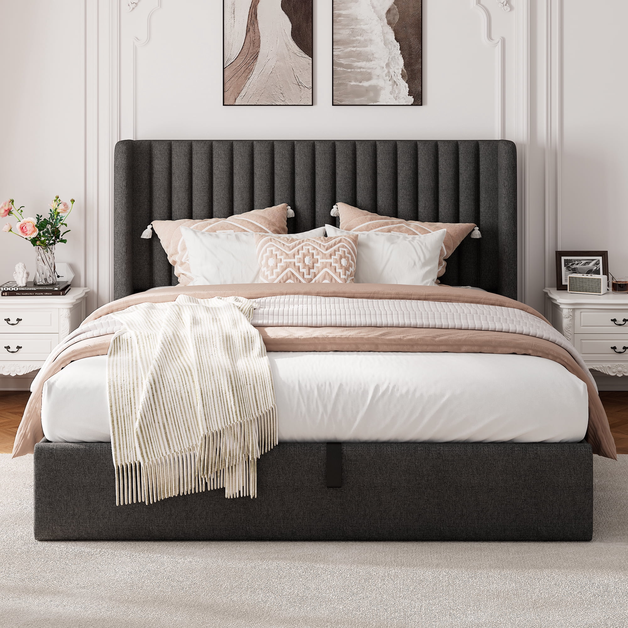 Einhomn Queen Size Lift Up Storage Bed With Wingback Headboard, Upholstered Platform Bed Frame with Hydraulic Storage, Linen Fabric, No Box Spring Needed,Dark Gray