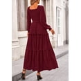 thumbnail image 2 of Vestido PRETTYGARDEN de Manga Larga con Fruncido y Escote Cuadrado en Rojo Vino Talle S, 2 of 8