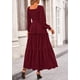 thumbnail image 2 of Vestido PRETTYGARDEN de Manga Larga con Fruncido y Escote Cuadrado en Rojo Vino Talle S, 2 of 8