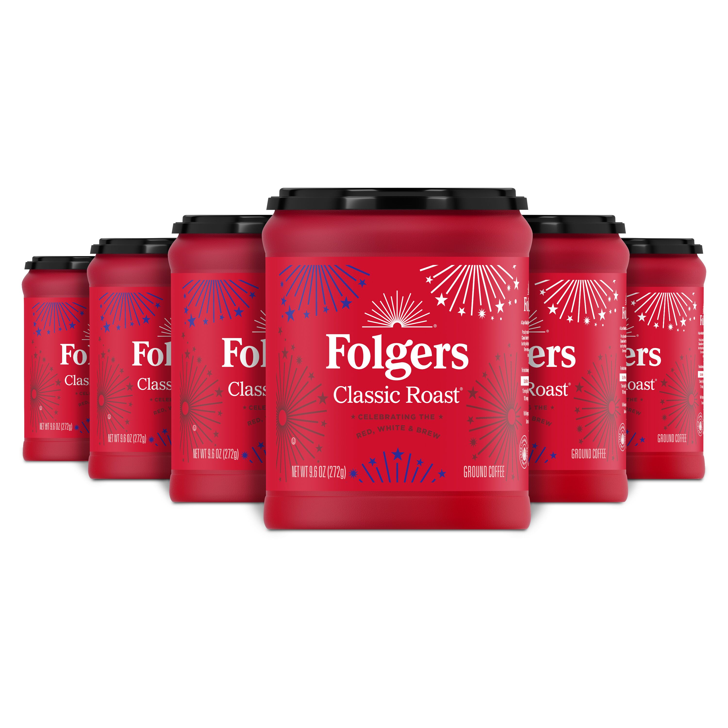 (6 pack) Folgers Classic Roast Medium Roast Ground Coffee, Limited Edition Canister for America’s 250th Anniversary, 9.6 oz