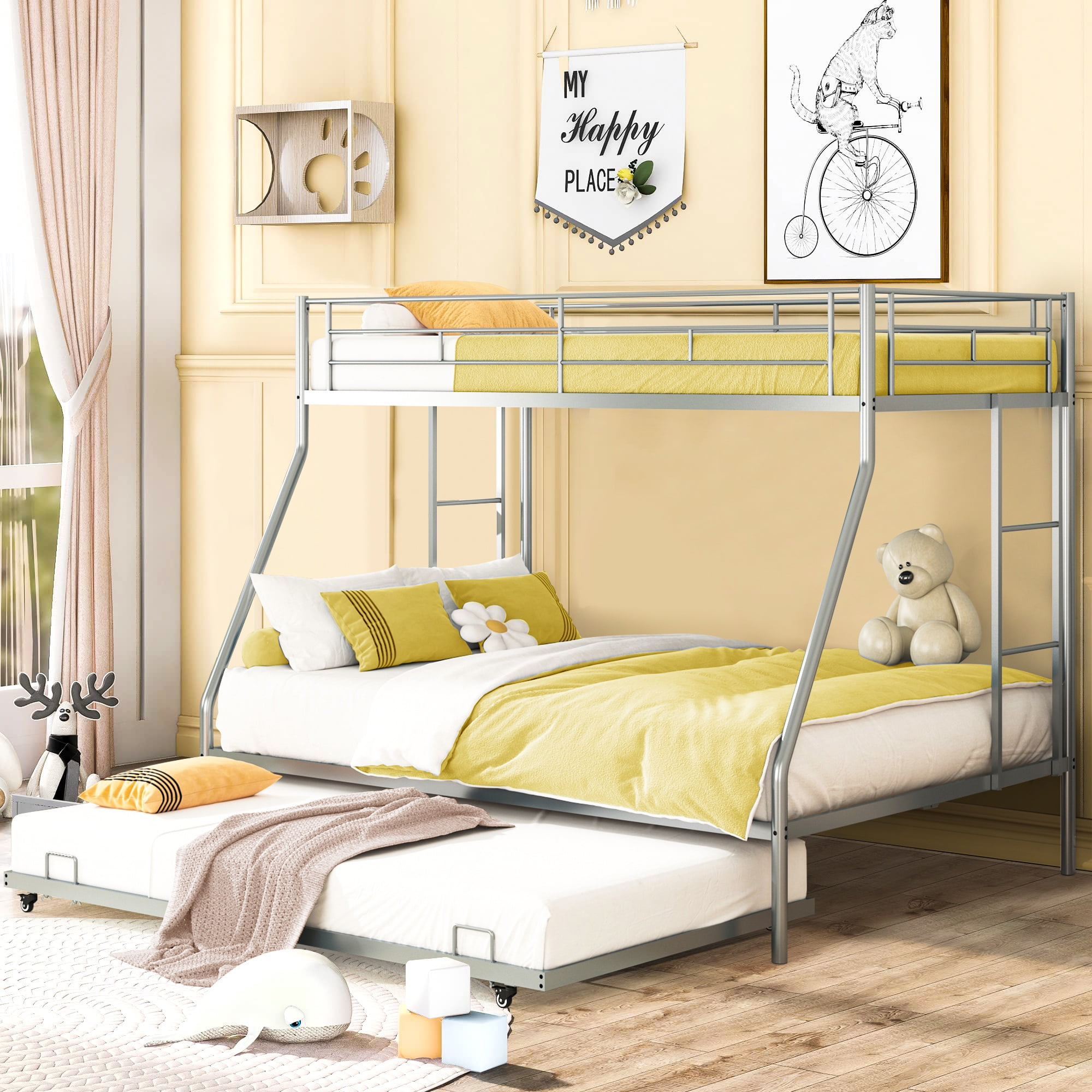 Metal Twin Over Full Bunk Beds with Trundle Bed, UHOMEPRO Metal Bunk Beds for Teens Teens Adults with Side Ladders, Twin Over Full Size Bunkbed Frame, No Box Spring Needed, CPC Certification, Silver