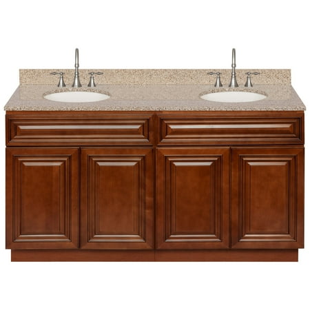Brown Double Bathroom Vanity 60", Wheat Granite Top, Faucet LB7B