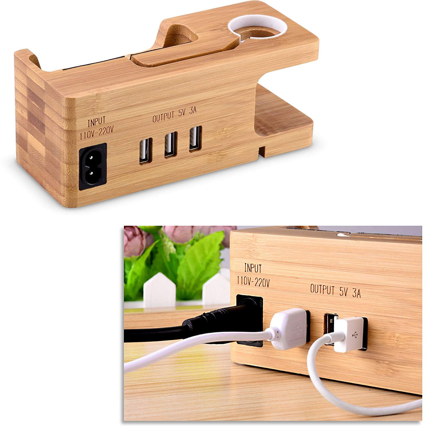 4 Charging Cables Included Tablet Bamboo Charging Station for Multiple Devices with Integrated iWatch & AirPod Stand Desktop Charging Docking Station Organizer for Cellphone 