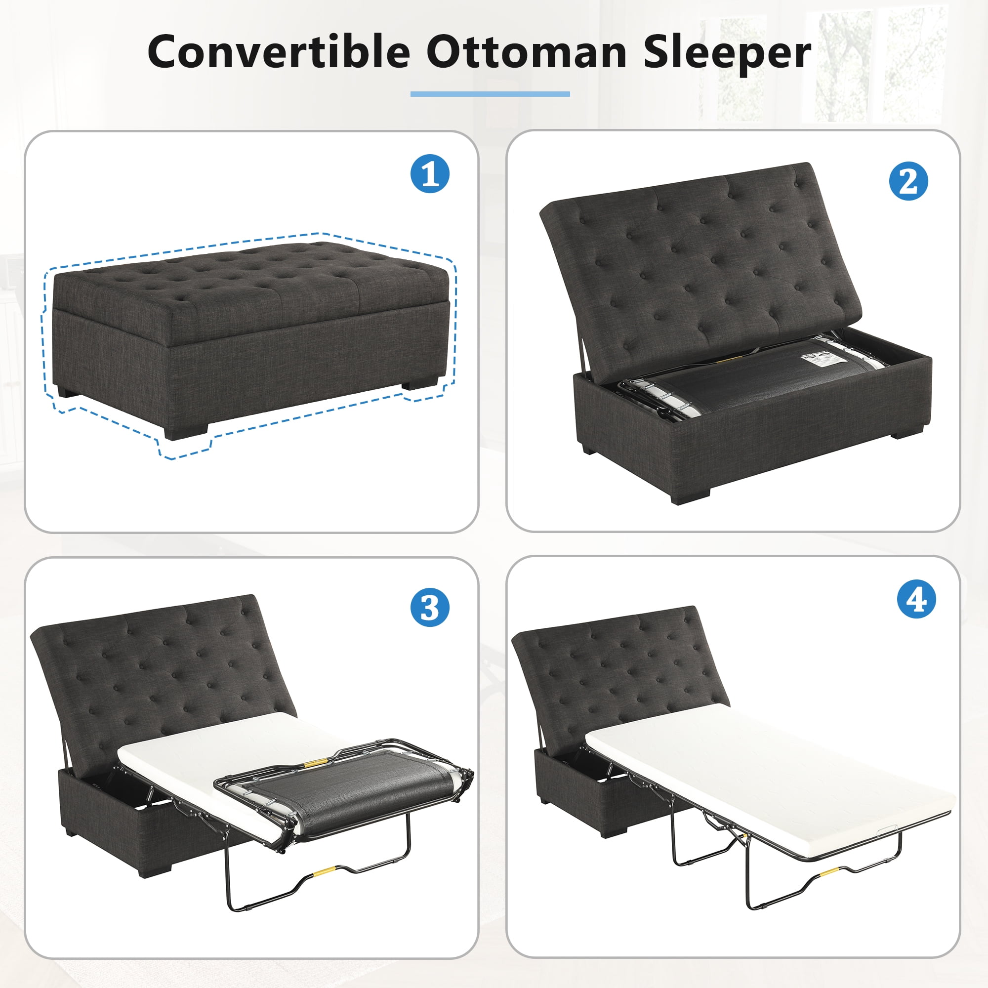 Euroco Convertible Ottoman Sleeper Bed with Memory Foam Mattress, Folding Twin Bed for Guests, Tufted Linen Upholstery, Iron Frame, Space-Saving Sofa Bed