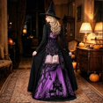 thumbnail image 5 of Women Halloween Witch Maxi Dress, Long Sleeve V Neck Lace Cuff A Line Floor Length Dress, Gothic Haunted House Printed Evening Party Dress, 5 of 6