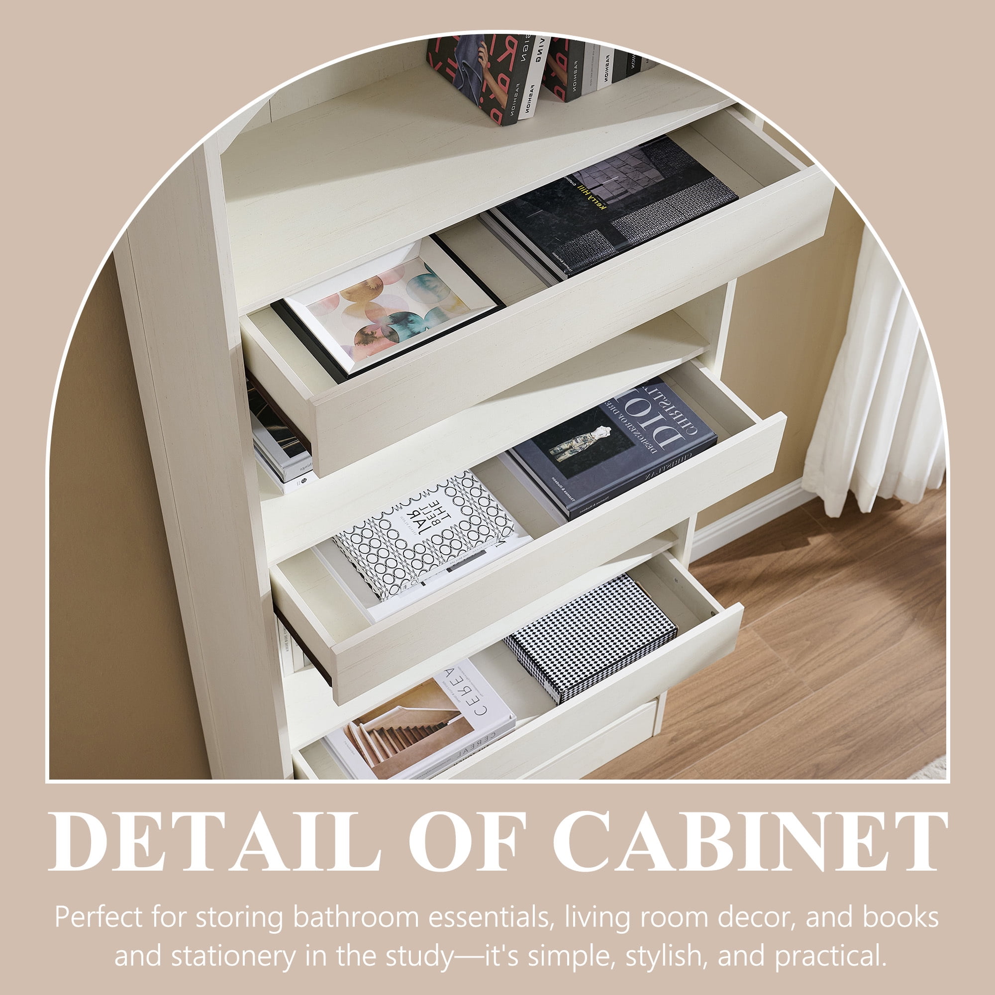 SinCiDo 76" Tall Arched Bookcase w/Hidden Magnetic Lock Drawer at the Bottom, 4-Tier Large Open Bookshelf w/3 Pull-Out Drawers for Living Room, Office