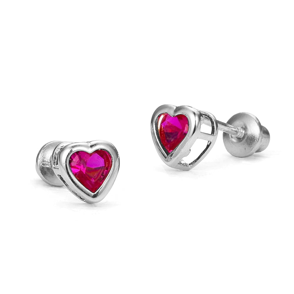 Sterling Silver Rhodium Plated 4mm Heart Bezel Cubic Zirconia Screwback Baby Girls Earrings