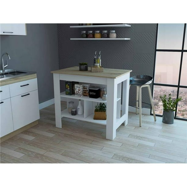 HomeRoots 474098 Light Oak & White Kitchen Island with Three Storage