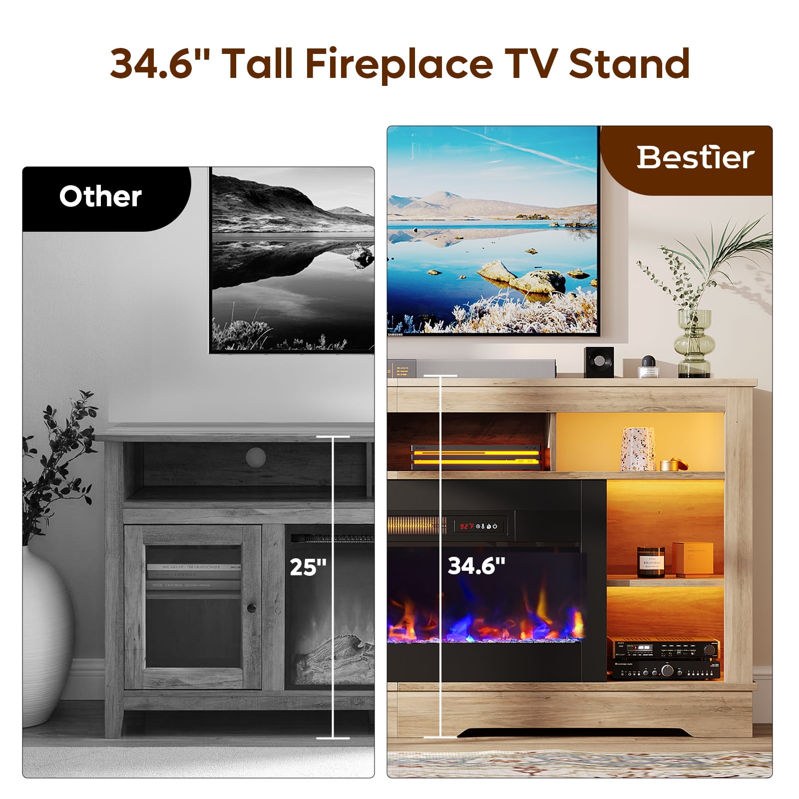 Bestier 71" Fireplace LED TV Stand with 36" Electric Fireplace and Storage Entertainment Center Console Table for TVs up to 80", Gray Wash