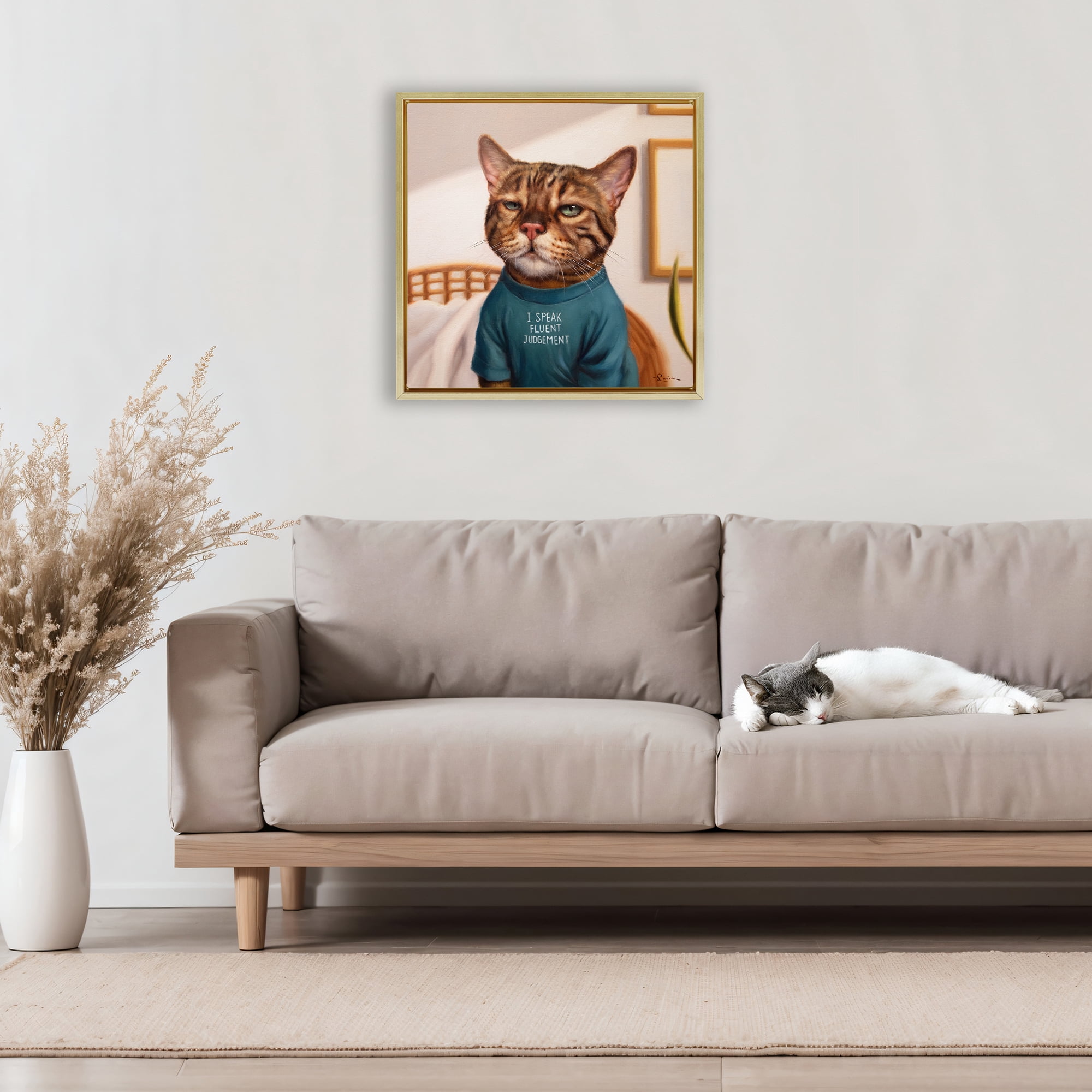 Stupell Industries Cattitude Speak Fluent Judgement Gold Framed Floater Canvas Wall Art, design by Lucia Heffernan