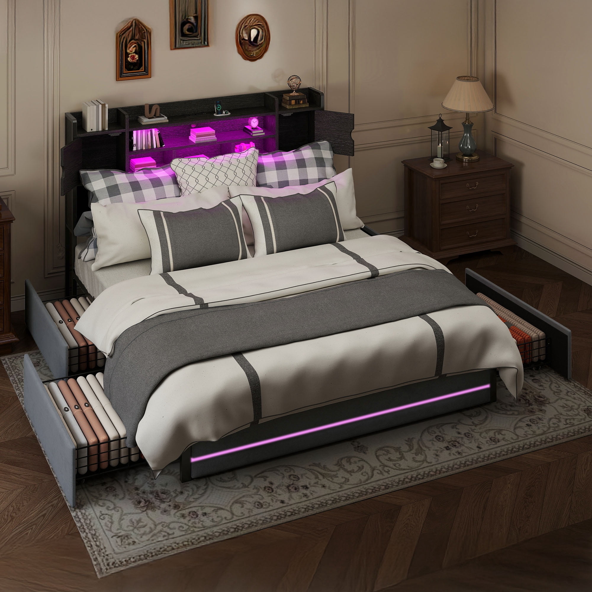Uforic Queen Size Velvet Upholstered Platform Bed Frame with RGB Ambient LED Light, Built-In Charging Station, 4 Underbed Drawers, No Box Spring Required, Gray