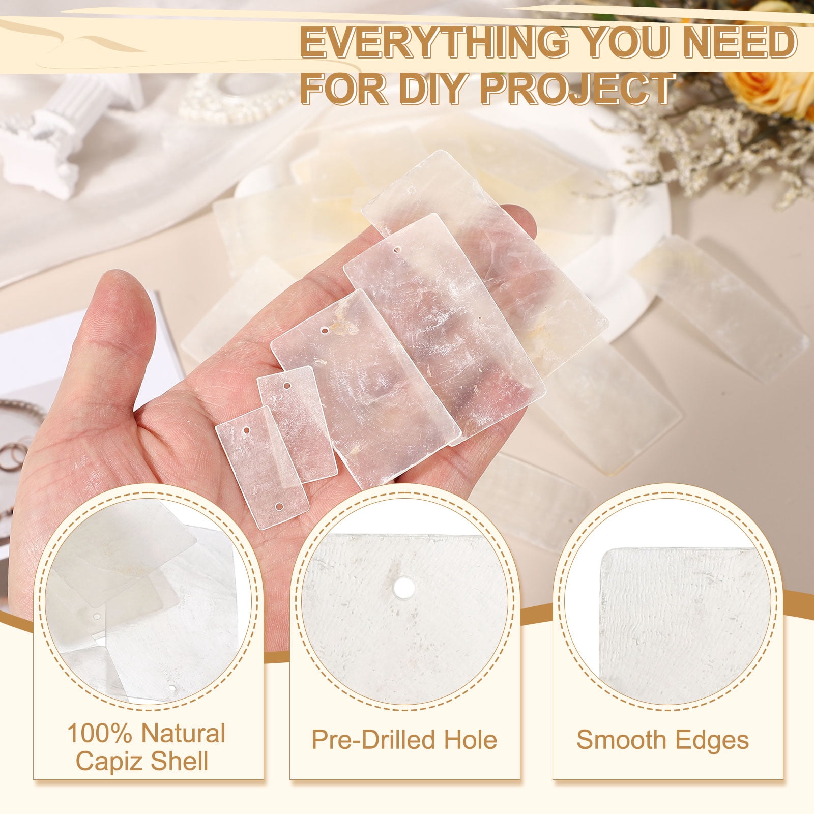 Uxcell 50 Pcs Capiz Shells, 30 mm x 50 mm Natural White Square Mica Sheets Single Hole for DIY Craft Making Wind Chimes Home Decoration Wedding Decorations