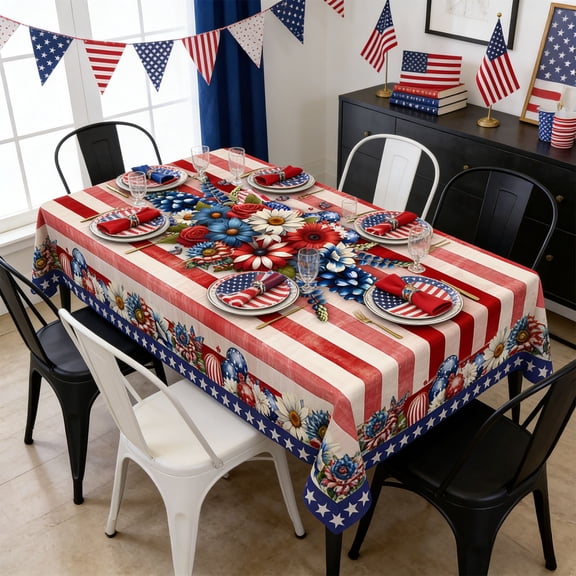 Cififendec 4th of July Rectangle Tablecloth, Patriotic American Stars & Flower Table Cover for Veterans Independence Memorial Day Kitchen Party(70.87"*55.12")