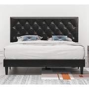 Einfach Full Platform Bed Frame with Diamond Stitched Button Tufted Headboard, Black, Faux Leather