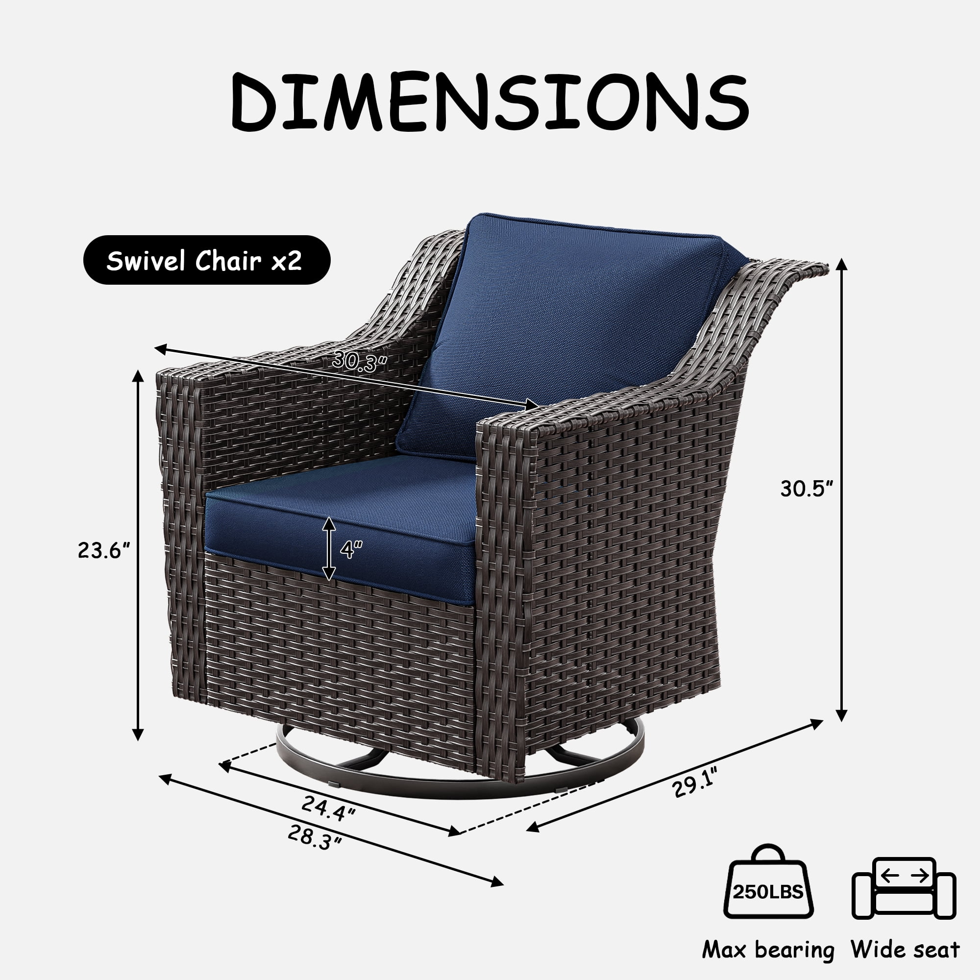 MeetLeisure Patio 2 Pieces Wicker Swivel Chairs Set, Outdoor PE Rattan Rocking Glider Armchairs with Water-Resistant Cushions & Washable Covers for Porch Balcony Sunroom, Dark Blue
