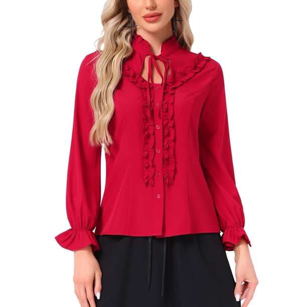 Blusa Victoriana de Mujer Allegra K, Camisa Gótica de Manga Larga con Volantes y Botones, Talla XS, Rojo Oscuro