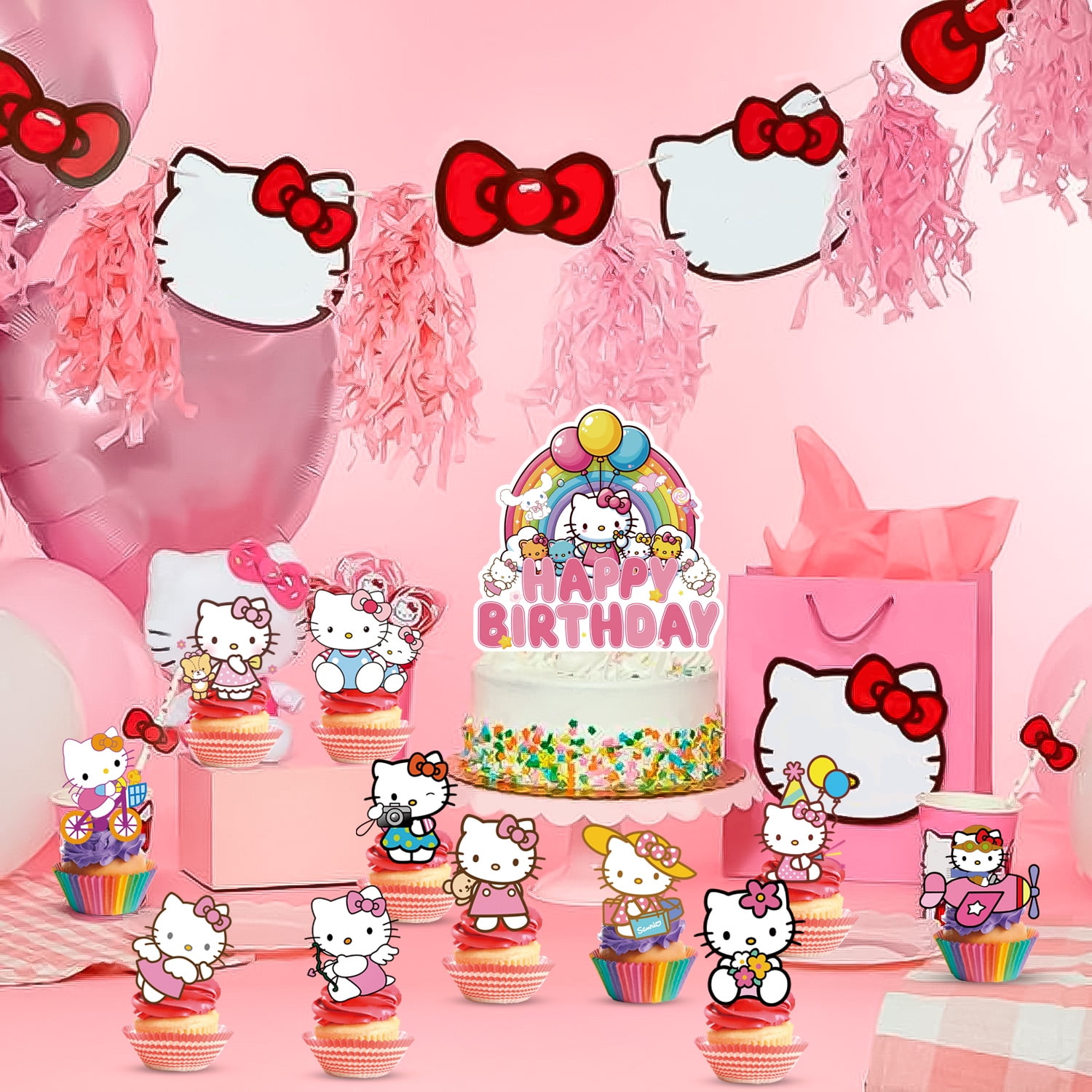 Cat Birthday Cake Decorations, 1pcs Big Cat Happy Birthday Cake Topper/Cat Theme Cake Toppers + 12pcs Cat Cupcake Toppers/Cat Birthday Party Cupcake Topper for Cat Party Decorations Supplies