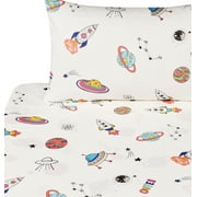 J-pinno Outer Space Planet Rocket Travel Adorable Twin Sheet Set Bedroom Decoration Gift 100% Cotton Flat Sheet + Fitted Sheet + Pillowcase Bedding Set for Unisex Boys Girls