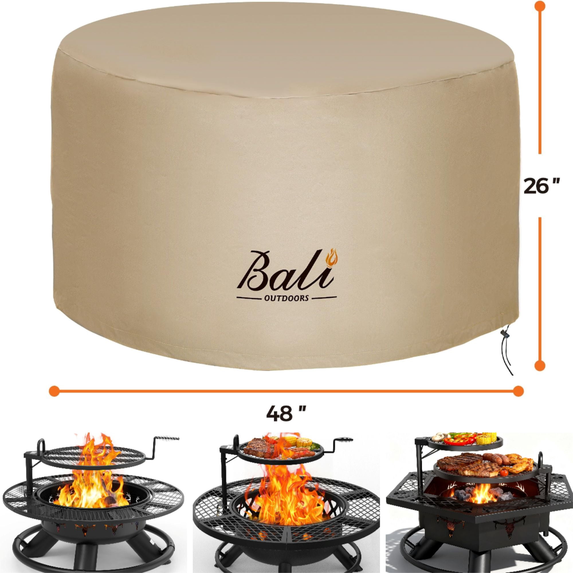 BALI OUTDOORS Round Fire Pit Covers Waterproof and Weather Resistant PVC Material, 48"D 26"H, Brown