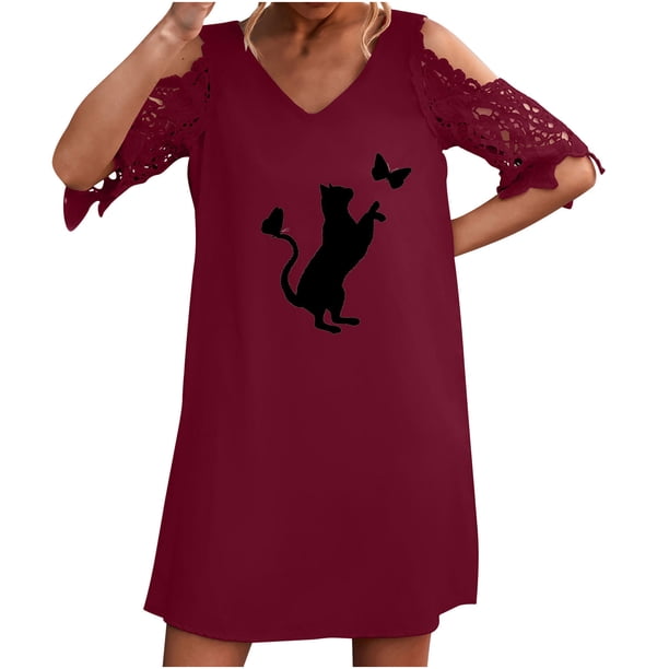 Vestidos de manga corta con hombros descubiertos y encaje con cuello en V estampado sexy de verano para mujer Fridja bnh5587