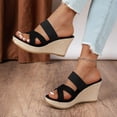 thumbnail image 2 of Rokment Womens Wedges High Heels Dress Slides Sandals Ladies Stylish Simple Denim Cross-Band Platform Chunky Heeled Slip on Summer Casual Height Increasing Dressy Slippers Light Blue Size 9, 2 of 5