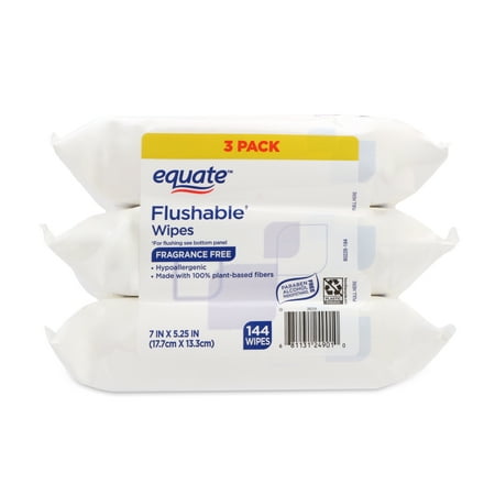 Equate Flushable Wet Wipes, Fragrance Free, 144 Wipes (3 Pack)