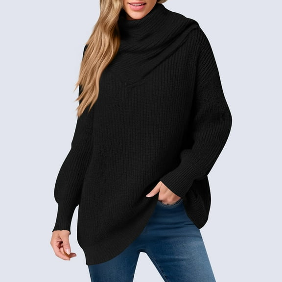 Qulqfy Women's Cowl Neck Sweaters Tunic Pullover Black Cozy Sweater Knit Trendy Long Sleeve Shirts Tops for Women