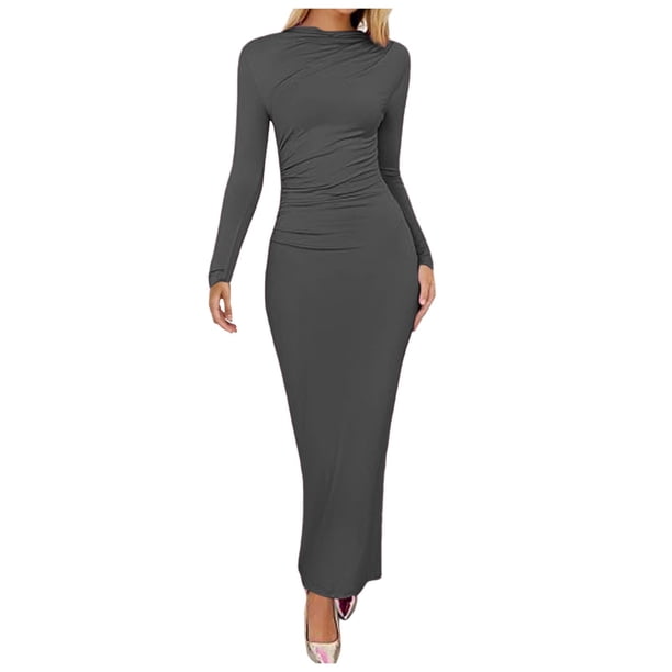 2025 Vestido largo ajustado de color liso para mujer: poliéster, cintura imperio, temperamento elegante, lavable a máquina, tallas S-L, contorno de pecho 76-100 cm