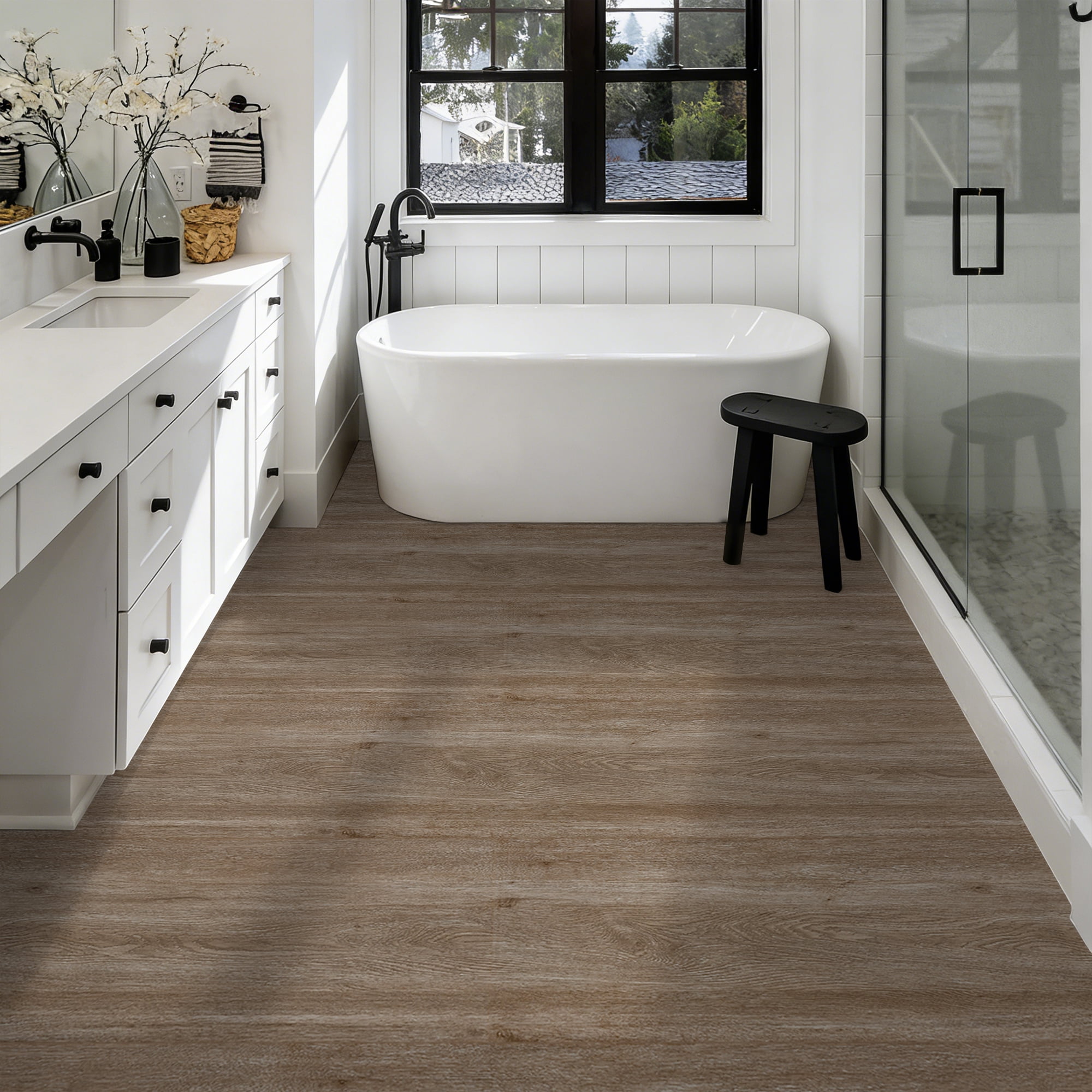 Abyssaly Vinyl Peel and Stick Flooring tile 15.7" x 118", Covering Area 12.92 Sq.ft, Self-Adhesive Floor Tile Light Brown Wood Grain Look for Home Decoration