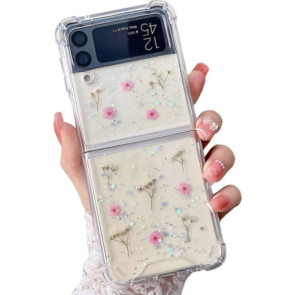 Soft Clear Flexible Rubber Pressed Dry Real Flowers Case Girls Women Glitter Floral Cover for Samsung Galaxy Z Flip 3 -Pink