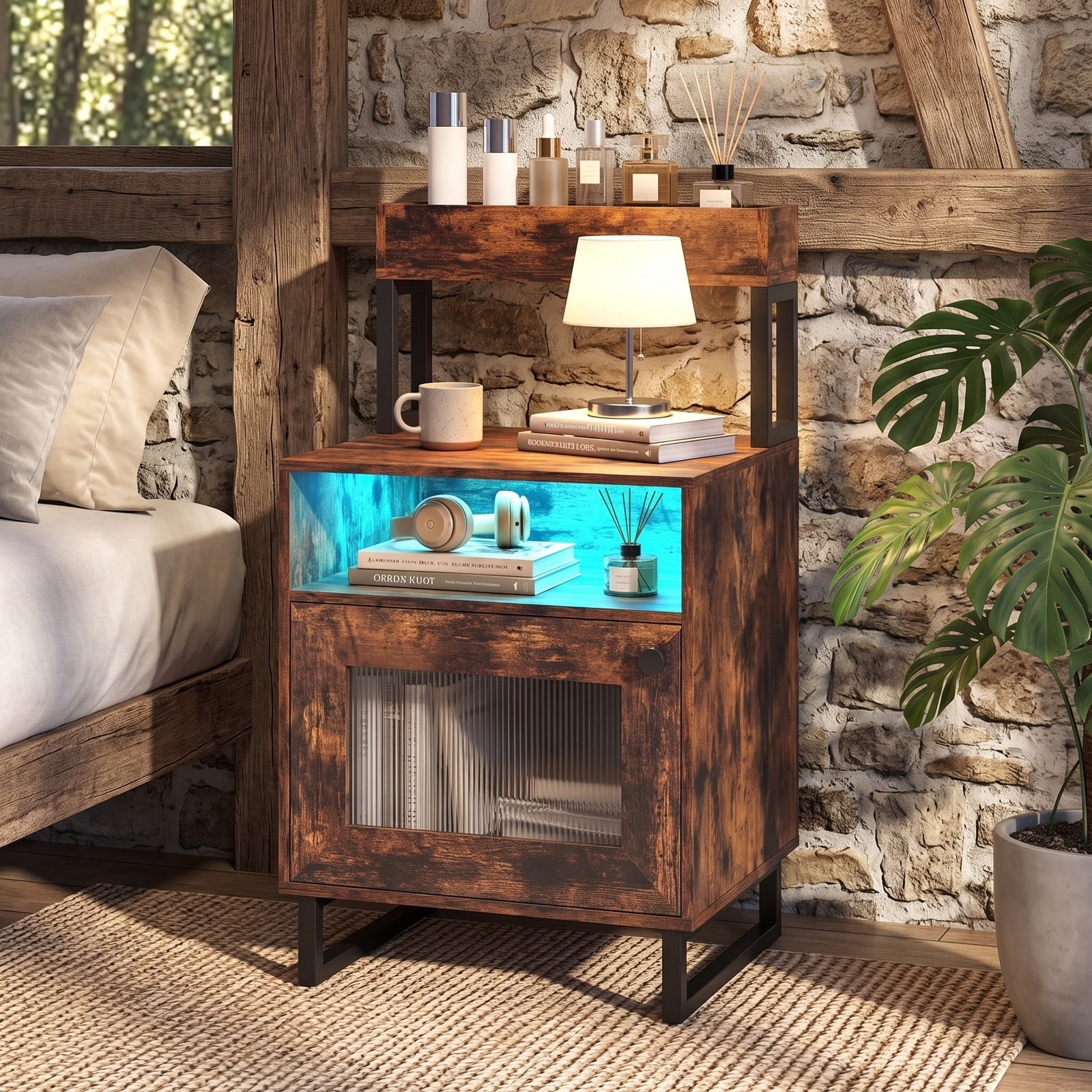Furnibear Nightstand with LED Lights and Fluted Glass Cabinet Door plus Open Compartment and Raised Shelf for Bedroom, Rustic Brown