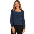 thumbnail image 1 of Blusa elegante con cuello cuadrado para mujer, puño con volantes, mangas largas, botones, decoración, Tops Azul marino L, 1 of 6
