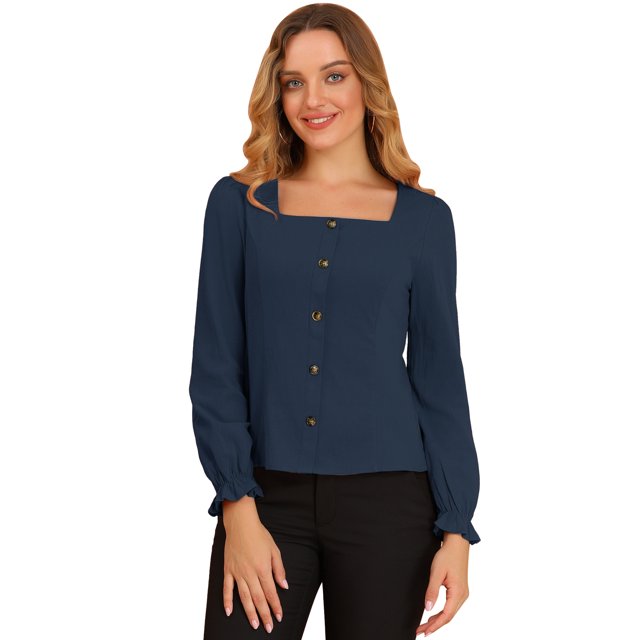 Blusa elegante con cuello cuadrado para mujer, puño con volantes, mangas largas, botones, decoración, Tops Azul marino L