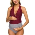 thumbnail image 2 of One Piece Maternity Swimsuits Stripe Halter Swimwear Deep V Neck Monokini High Waisted Bathing Suits Red (L, 2 of 8