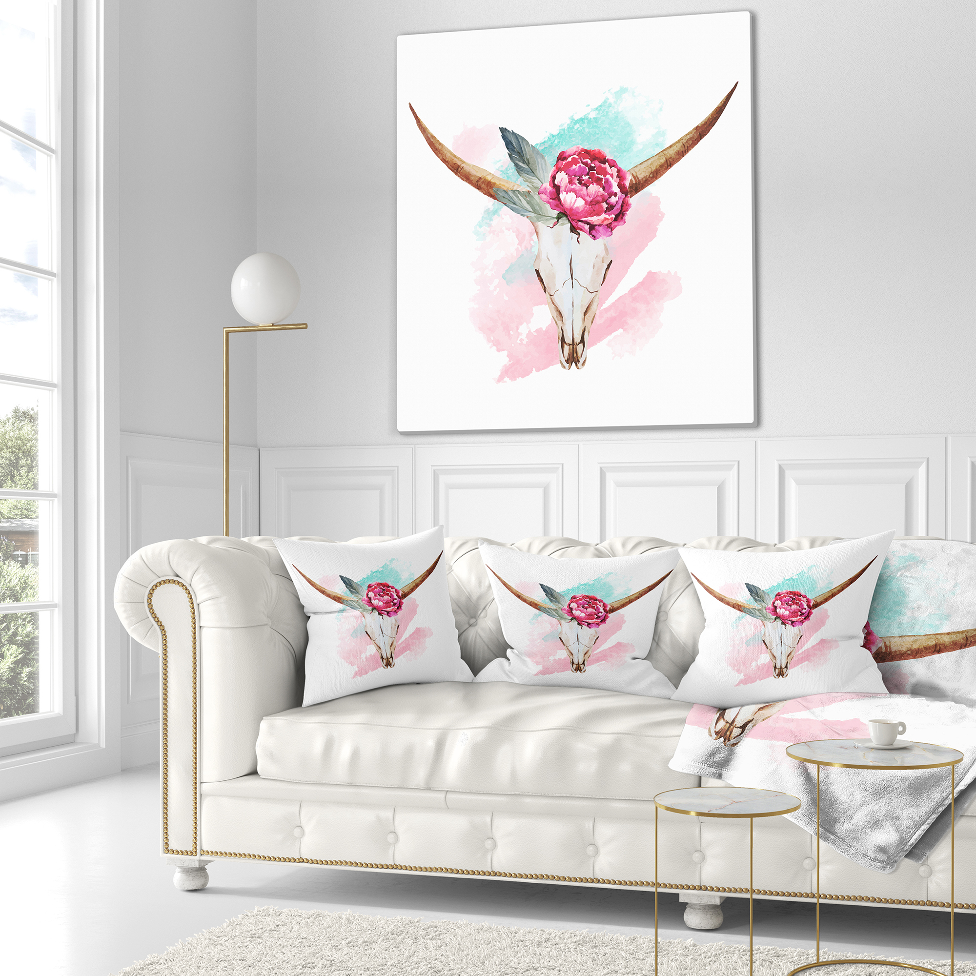Designart Bull Skull and Flower - Floral Throw Pillow - 16x16