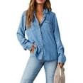 thumbnail image 2 of Women's Denim Shirt Long Sleeve Button Down Shirt, V-Neck Chambray Blouse Top for Women, Casual Work Shirt Dark Blue M, 2 of 10