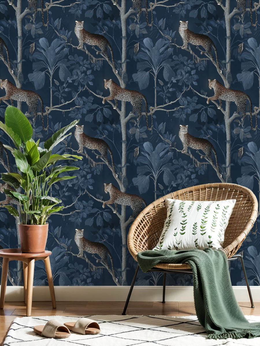 Peel and Stick Wallpaper Leopard Jungle Dark Blue Foliage Exotic Plants Wall Mural 23.6in x 9.8ft Self Adhesive Removable Wall Paper Renter Friendly Wallpaper for Nursery Bedroom Cabinets
