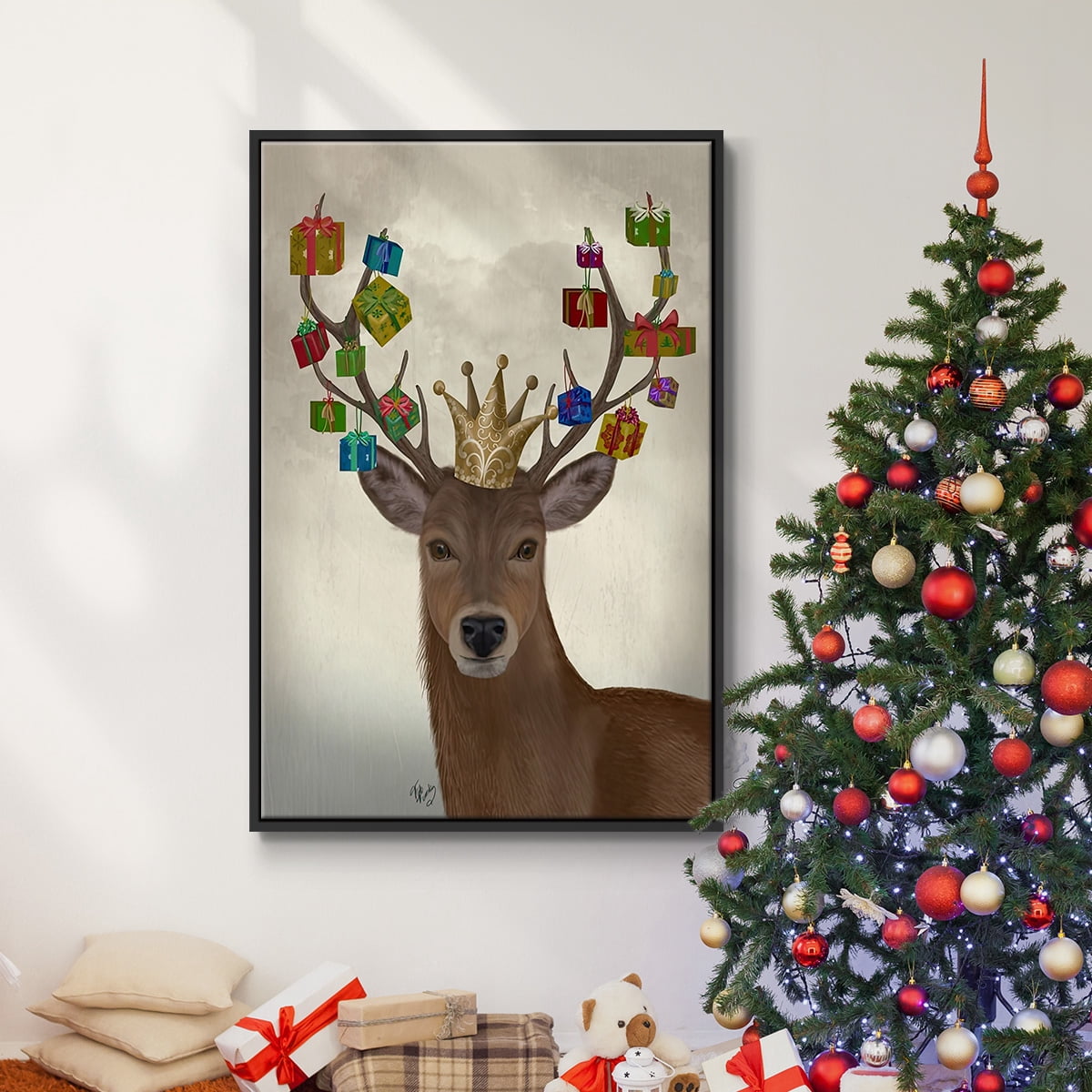 Christmas Gift Bearing Deer - Framed Gallery Wrapped Holiday Canvas - 25 x 37 - Black Frame