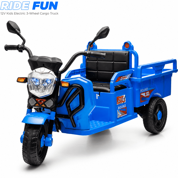 12V Kids Ride On 3 Wheel Dump Truck Trike with LED Lights, Music, Anti Slip Wheels, Cargo Bed & Long Battery Life, Electric Cargo Ride on Toy for Boys & Girls Ages 3-7, Blue