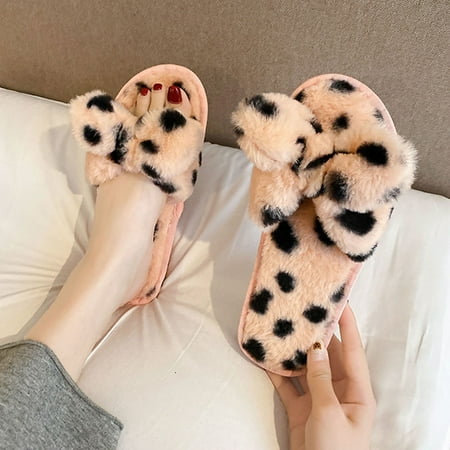 

〖Yilirongyumm〗 Pink 39 Slippers For Women Warm Keep Slip-On Home Women Slippers Furry Toe Flat Open Shoes Leopard Bow Women s Slipper