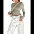 thumbnail image 2 of Camiseta Corta Ajustada para Mujer para Salir, Informal, de Color Liso, con Cuello Redondo y Larga Verde L, 2 of 8