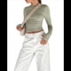 thumbnail image 2 of Camiseta Corta Ajustada para Mujer para Salir, Informal, de Color Liso, con Cuello Redondo y Larga Verde S, 2 of 8