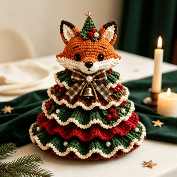 2026 NEW Crochet Animal Christmas Tree DIY Kit, DIY Handmade Ornament Craft Set with Yarn & Embellishments, Christmas Craft Gift for Beginners, Xmasβ Party Display (Fox Berry)