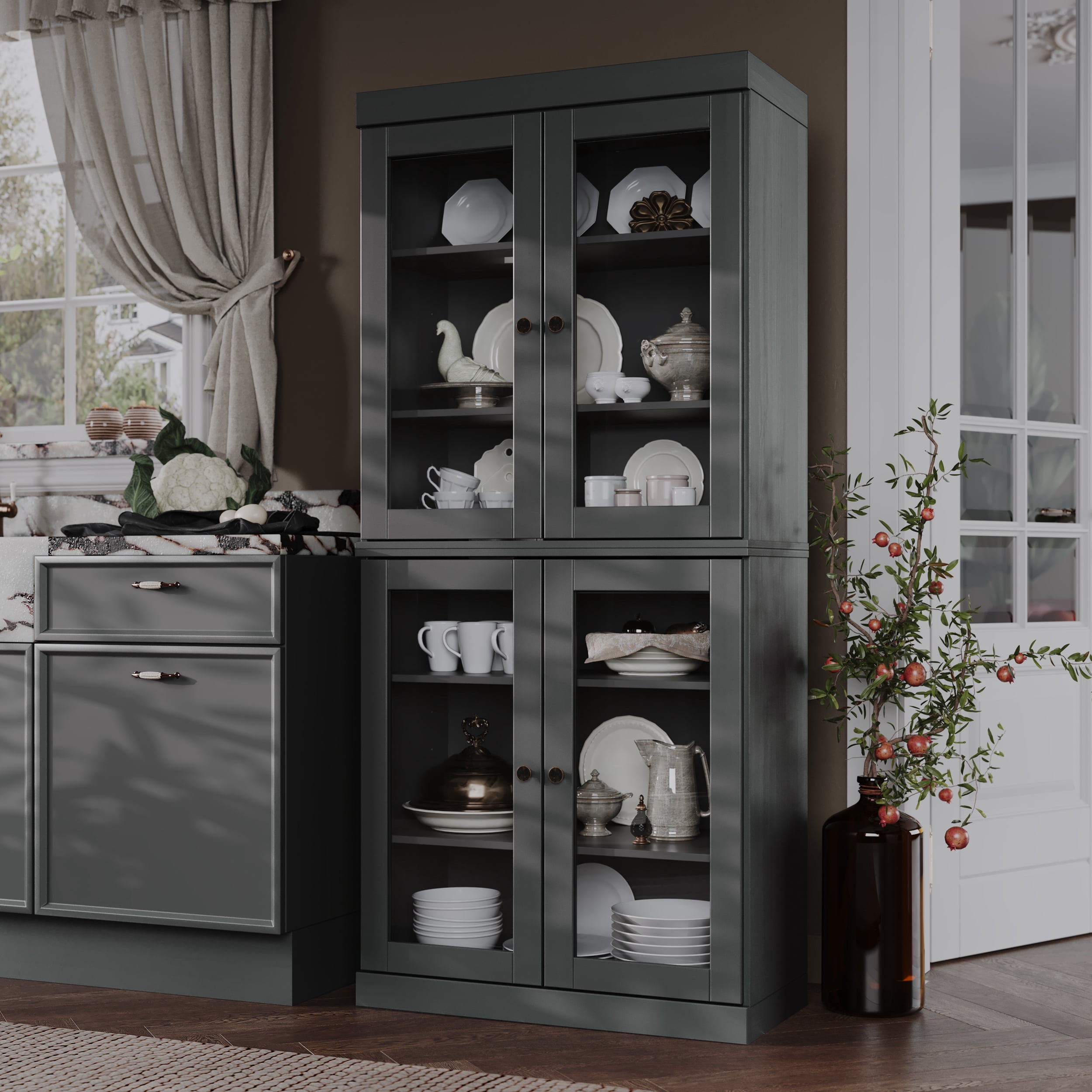 Palace Imports 100% Solid Wood Kitchen Pantry Storage Cabinet with Glass Doors and Adjustable Shelves, Gray