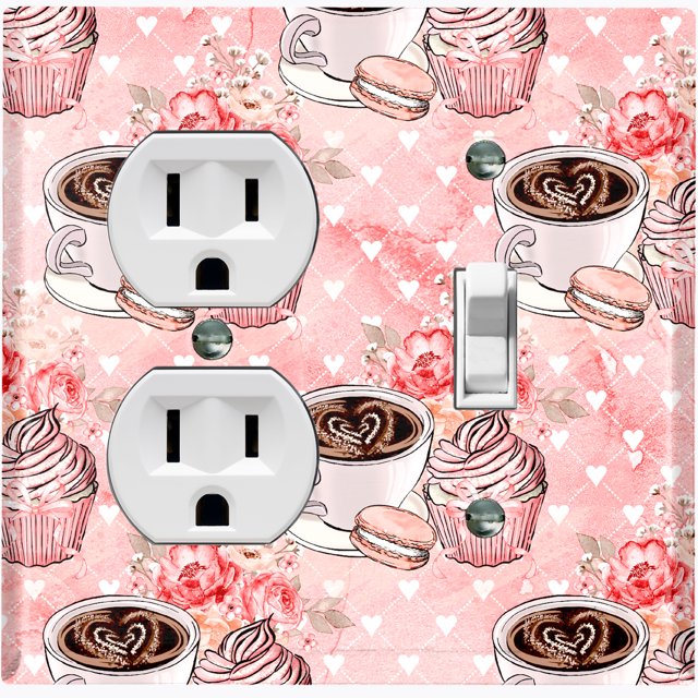 Metal Light Switch Wall Plate Outlet Cover (Coffee Mocha Espresso Heart Cupcake Macaron Flower Bouquet Pink - Single Duplex Single Toggle)