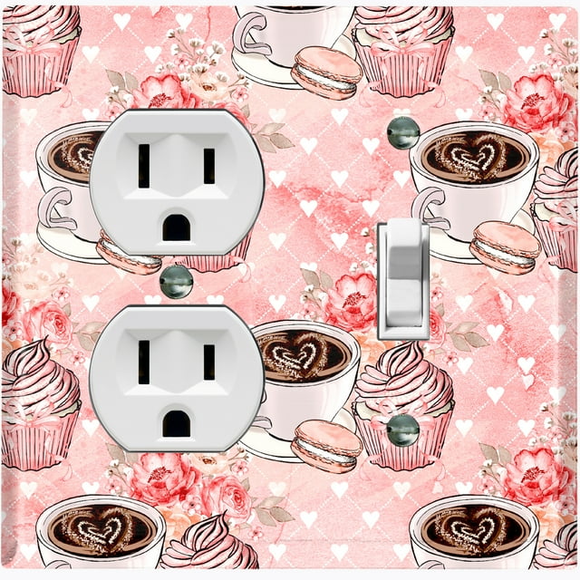 Metal Light Switch Wall Plate Outlet Cover (Coffee Mocha Espresso Heart Cupcake Macaron Flower Bouquet Pink - Single Duplex Single Toggle)