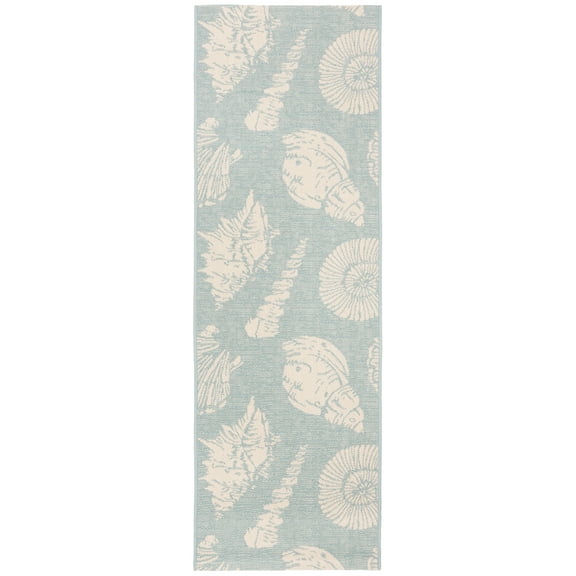 SAFAVIEH Courtyard Harold Seashells Indoor/Outdoor Runner Rug, 2'3" x 6'7", Aqua/Beige