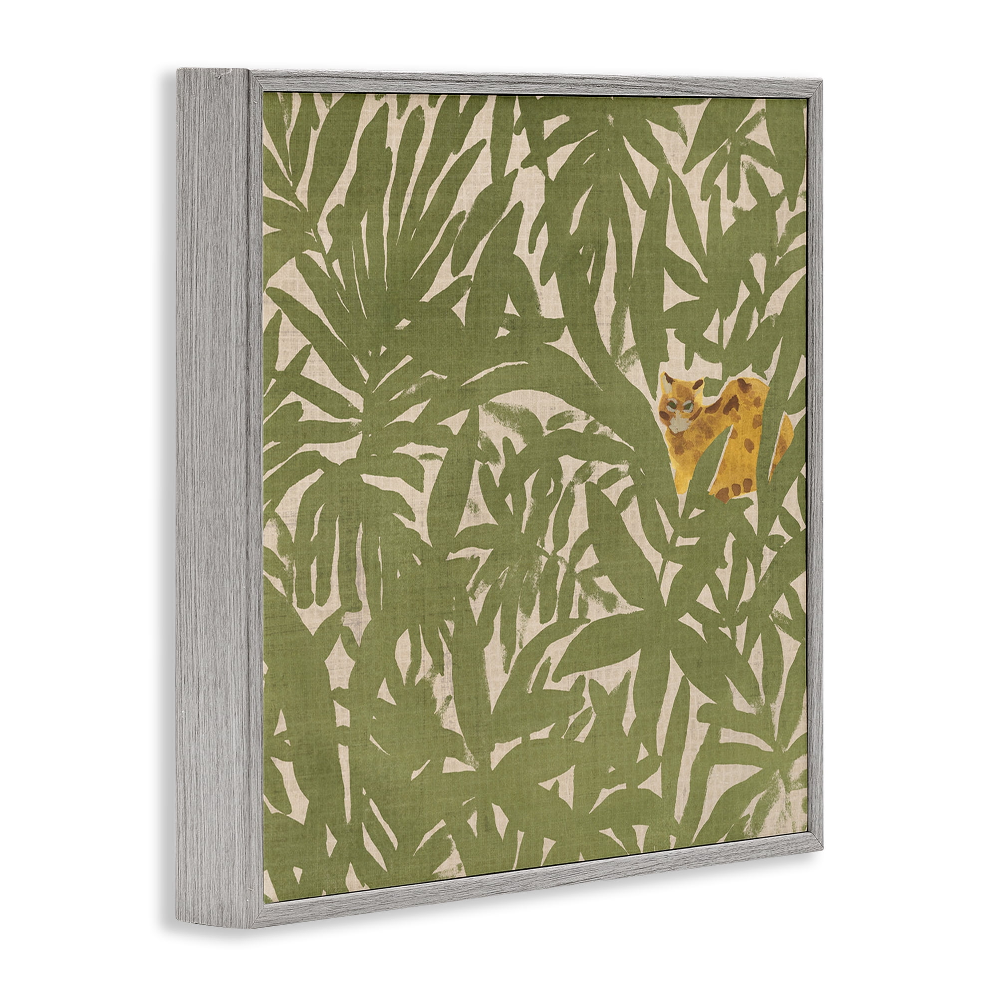 Stupell Industries Hiding Cheetah Palm Plants Botanical & Floral Painting Gray Framed Art Print Wall Art, 17 x 17