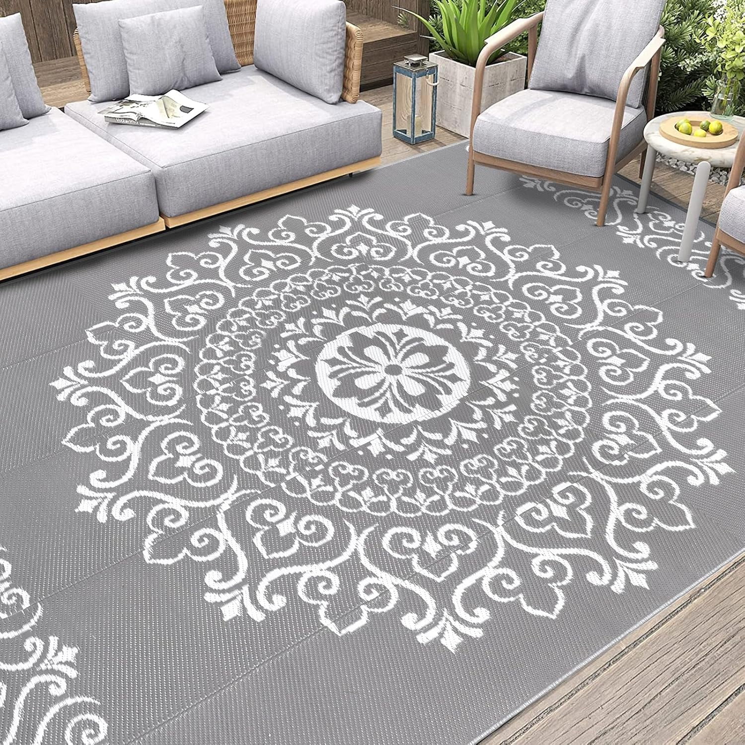 MJIAexp 6'x9' Gray Outdoor Rug Patio Rug Waterproof RV Outdoor Rug Camping Rugs Reversible Plastic Straw Rug Large Outdoor Mat for Camping, Balcony Apartment, Patio, Porch, Picnic, Beach